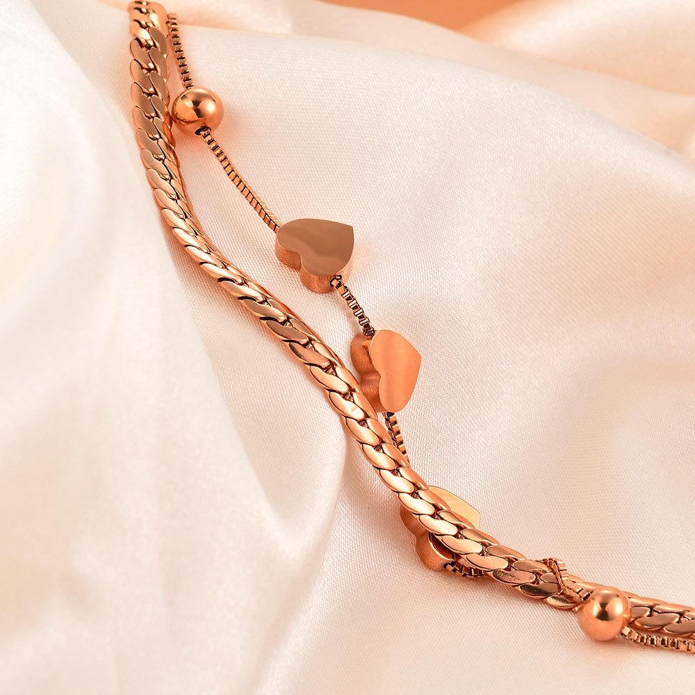 8MM Smooth Surface Heart 18K Gold Stainless Steel Double Layer Bracelet, Laser Engravable