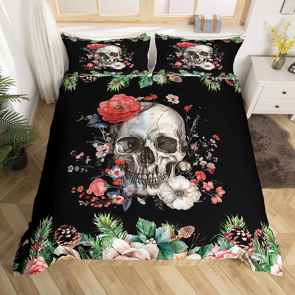 Gothic Skull Bedding Set King Queen Bohemian Skeleton Sun Duvet Cover Trippy Mushroom Comforter Cover Flower Plant Quilt Cover