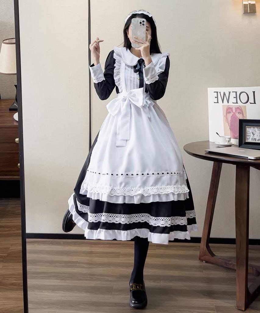 YAISHN Maid Cute Gothic Lolita Authentic Long Halloween Long Bow Performance Set Outfit, Dress, Dress, Popular, Costume, Women's, Cosplay, Sleeves,