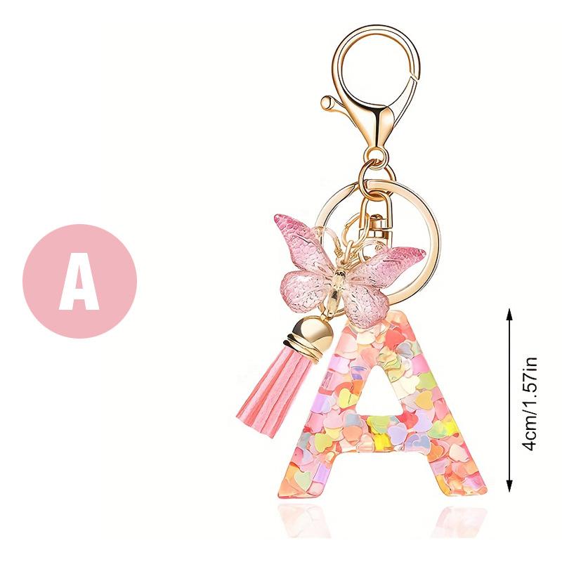 Pink Letter Keychain Heart Sequin Butterfly Tassel Keychain Epoxy Pendant Accessory For Women