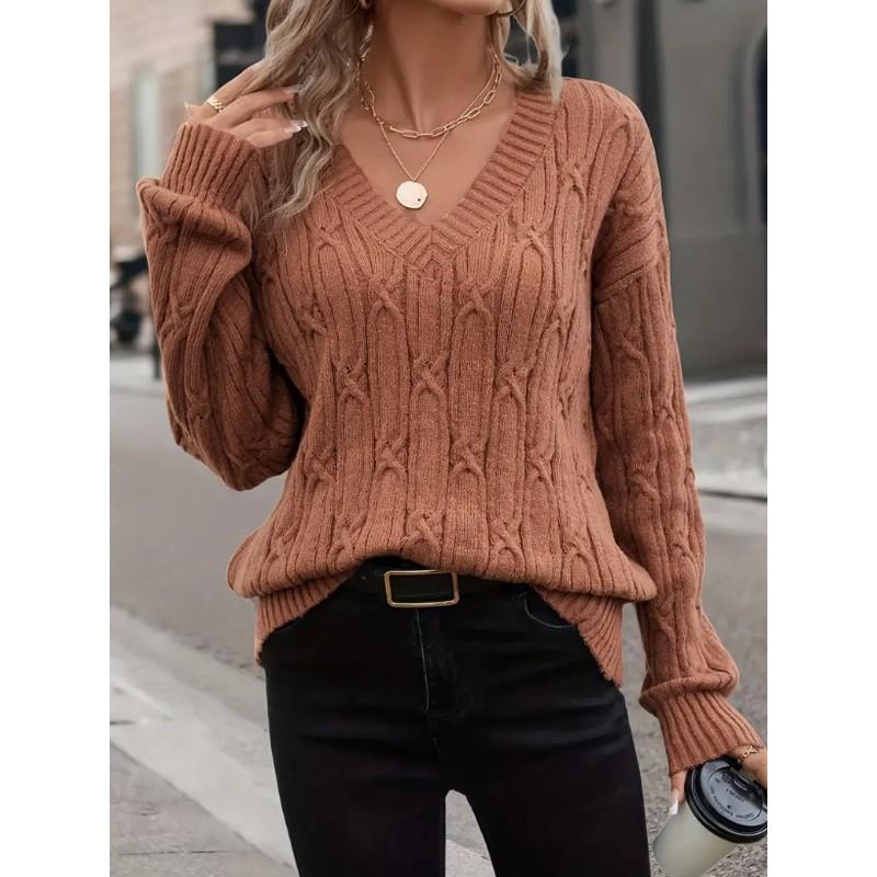 Womens Winter V-Neck Knit Sweater Loose Fit Cable Ribbed Solid Color Casual Chic Top
