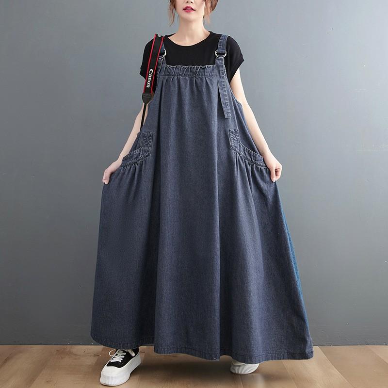 Women s Square Neck Sleeveless Denim Maxi Dress Loose High Waist Casual Overall Dress M