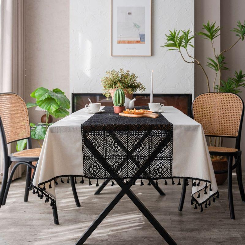 White Black Crochet Hollowed Out Patchwork Tablecloth  Lace Edge Printed Dustproof Table Cover Tassel Color Matching Table Towel