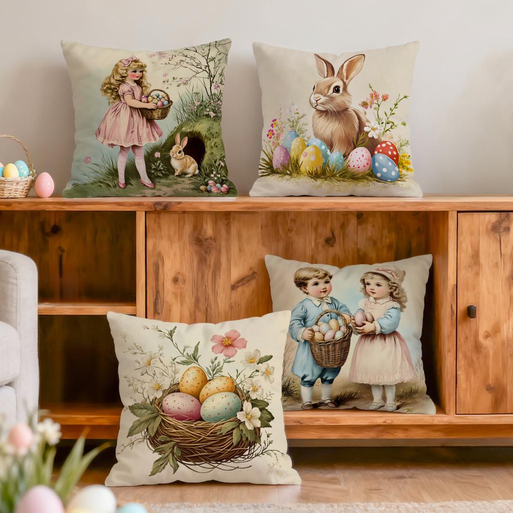 Easter Vintage Illustration Cushions Pillowcase Polyester Cushion Cover Throw Pillow Pillowcover Home Car Sofa Decor