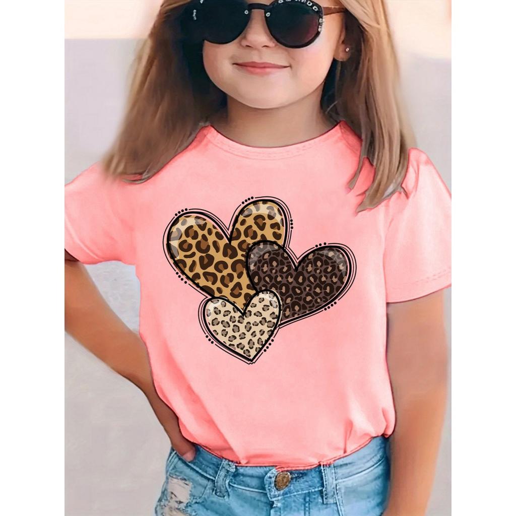 Dětské tričko s potiskem srdíček Leopardí láska Srdce Trendy Roztomilé Letní Top s kulatým výstřihem Módní Grafické tričko s krátkým rukávem Oblečení
