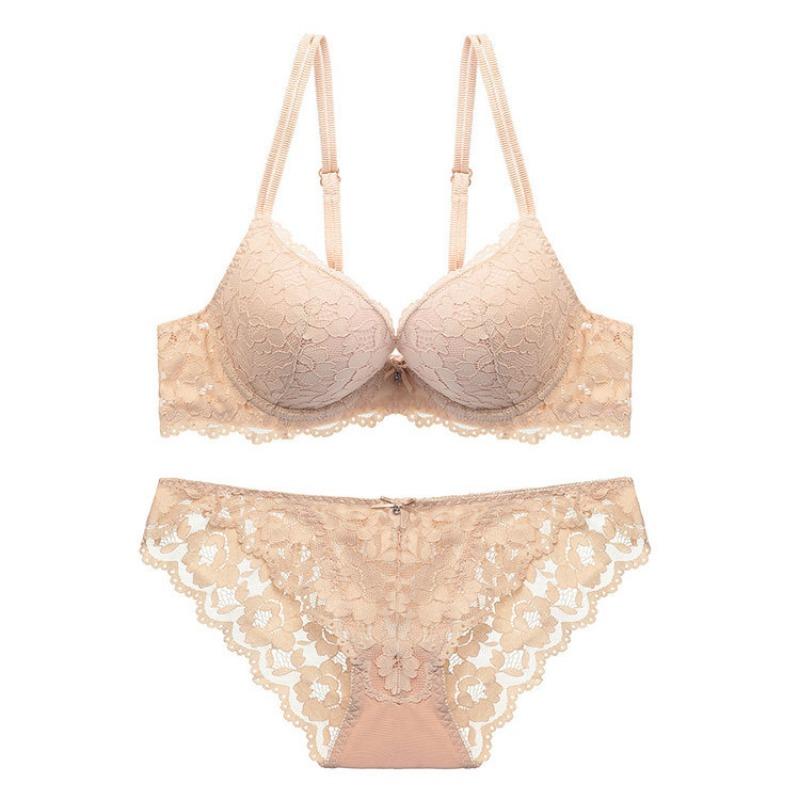 French Sexy Lace Bra Set,Push‑Up Bra Set for Small Bust,Gather Side Fat Lingerie Set