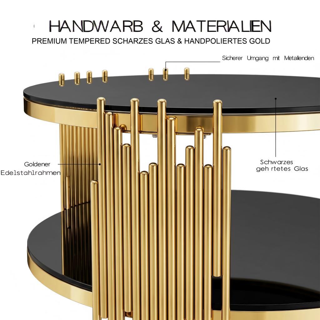Modern Black Glass Coffee Table,Luxury Living Room Tables with Double Glass Top,Round Coffee Table with Golden Steel Base