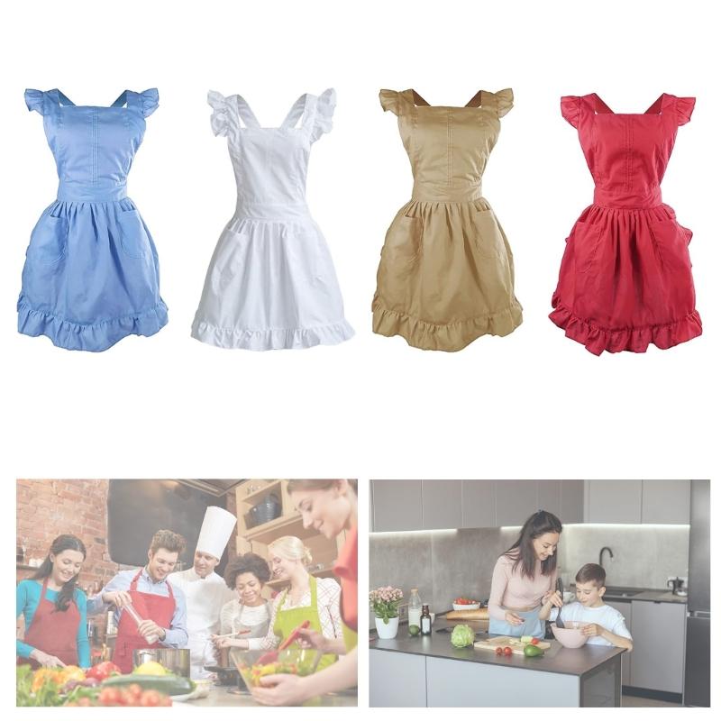 Women Ruffled Apron with Pocket Cotton Apron Pinafore Dress Ruffle Maid Apron Kitchen Cooking Apron for Baking Gardening