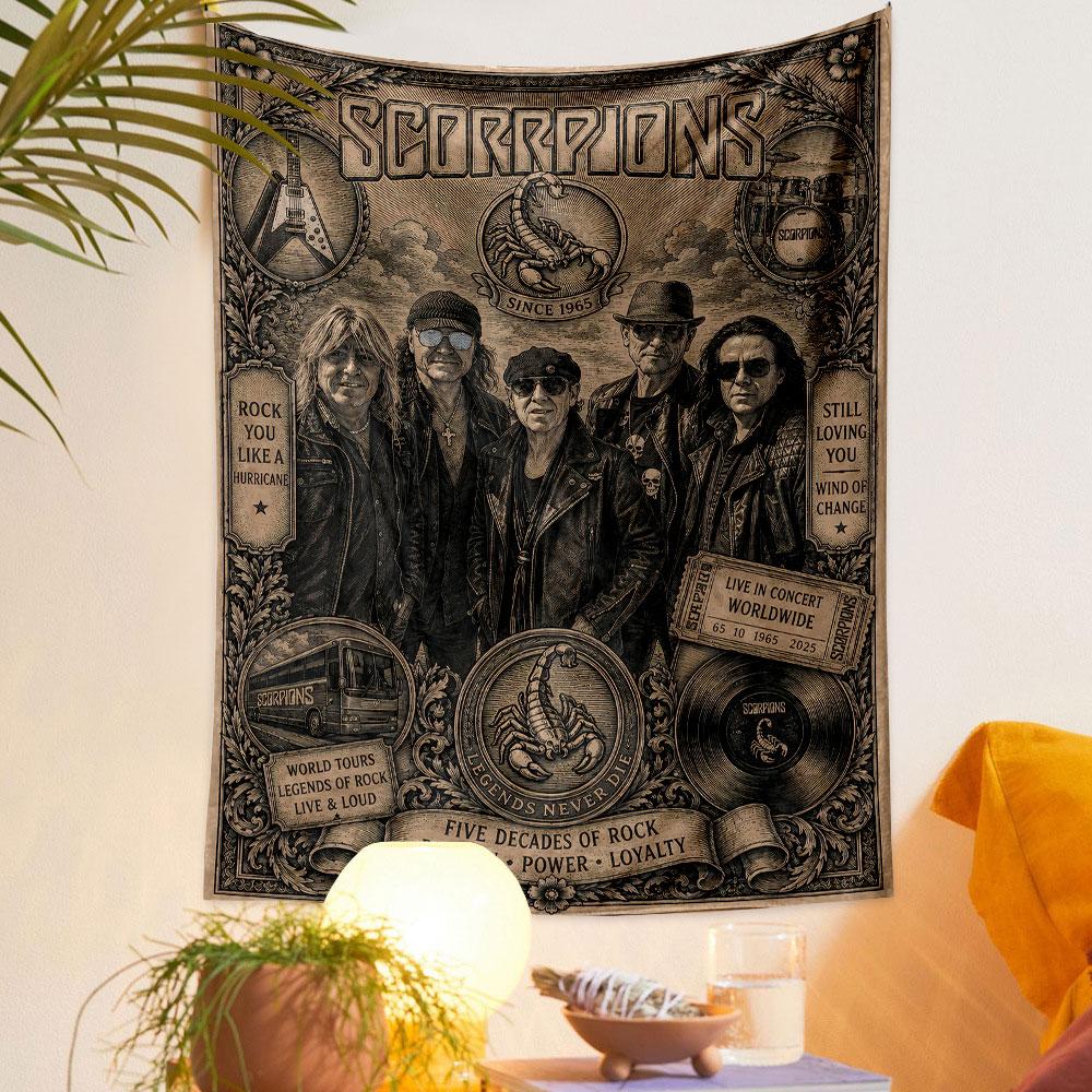 Vintage-style portrait of a rock band with scorpion motifs and text. Patterned tapestry for bedroom and living room home decor