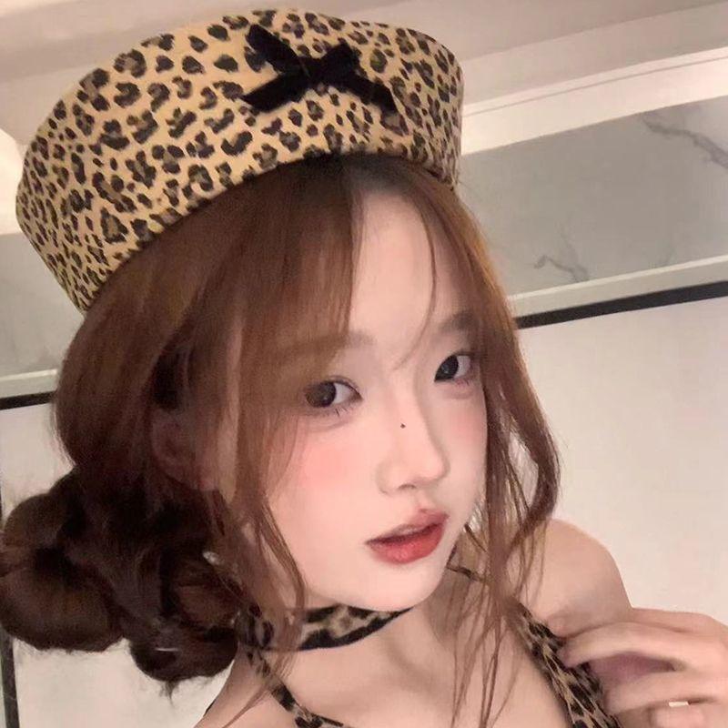Y2K Subculture Bow Niche Sweet Cool Leopard Print Sailor Hat Women S Summer Thin Personalized Beret