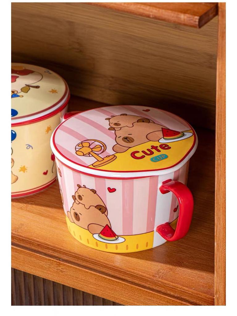 Cartoon Instant Noodle Bowl with Lid and Drain, Large Capacity, Cute Lunch Box for Students
