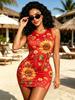 Women's Red Floral Print Sleeveless Bodycon Mini Dress, High Waist Tight Fit Summer Beachwear