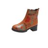 Retro Women's Ankle Boots 2024 Winter High Quality Pu Leather Ethnic Print Ladies Booties Comforta Mid Heel Round Toe Mom Shoes