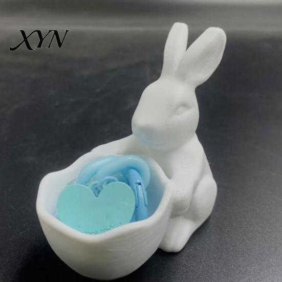 Bunny Holding Bowl 3D Printed Easter Candy Bowl, Cute Rabbit Figurine, DIY Paintable White Desk Decor for Living Room Office, Versatile Trinket Holder