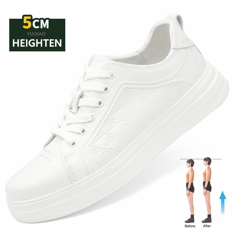 Fashion Men's Lightweight Cow Leather Elevator Shoes 5cm Hidden Lifts or Flat Sole Breathable Casual Sneakers for Daily Wear Comfortable