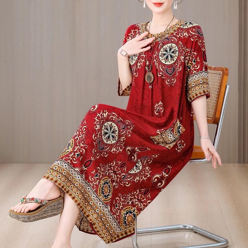 Plus Size Elegant Long Dresses for Women Clothes Loose Short Sleeve Vintage Summer Dress