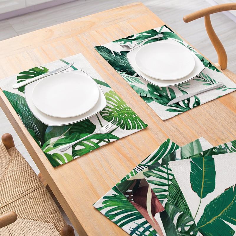 Natural Linen Placemat Set Tropical Plant Print Heat Resistant Table Mat Dining Kitchen Nordic Style Square