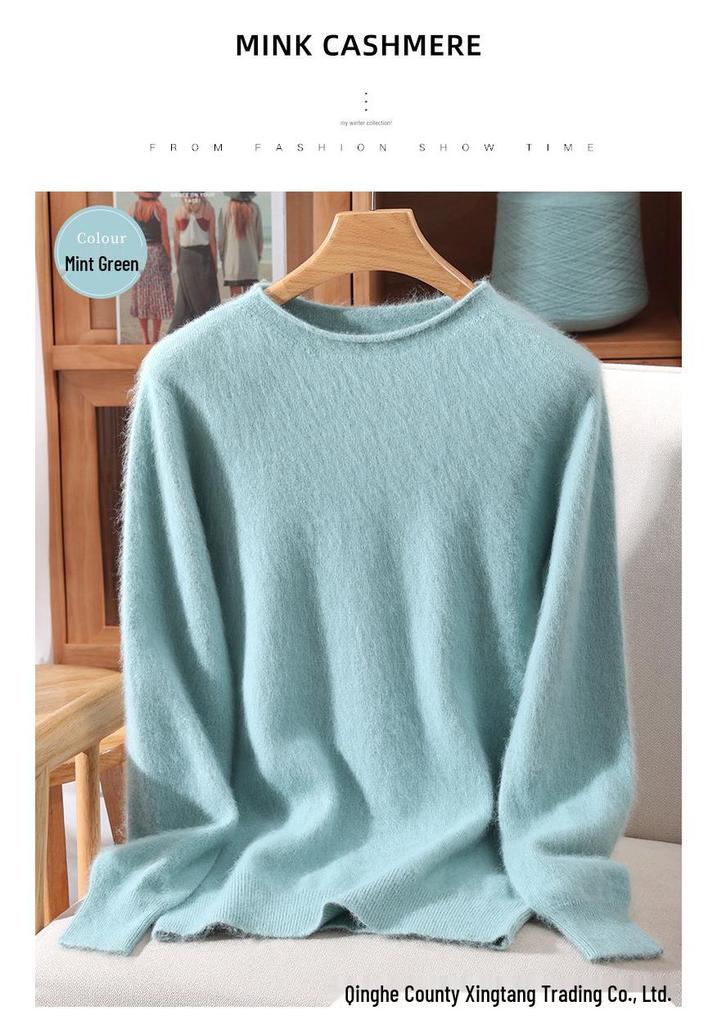 Women's Mink Cashmere Short Sweater with Half-High Collar and Rabbit Fur Knit, Slimming Fit
