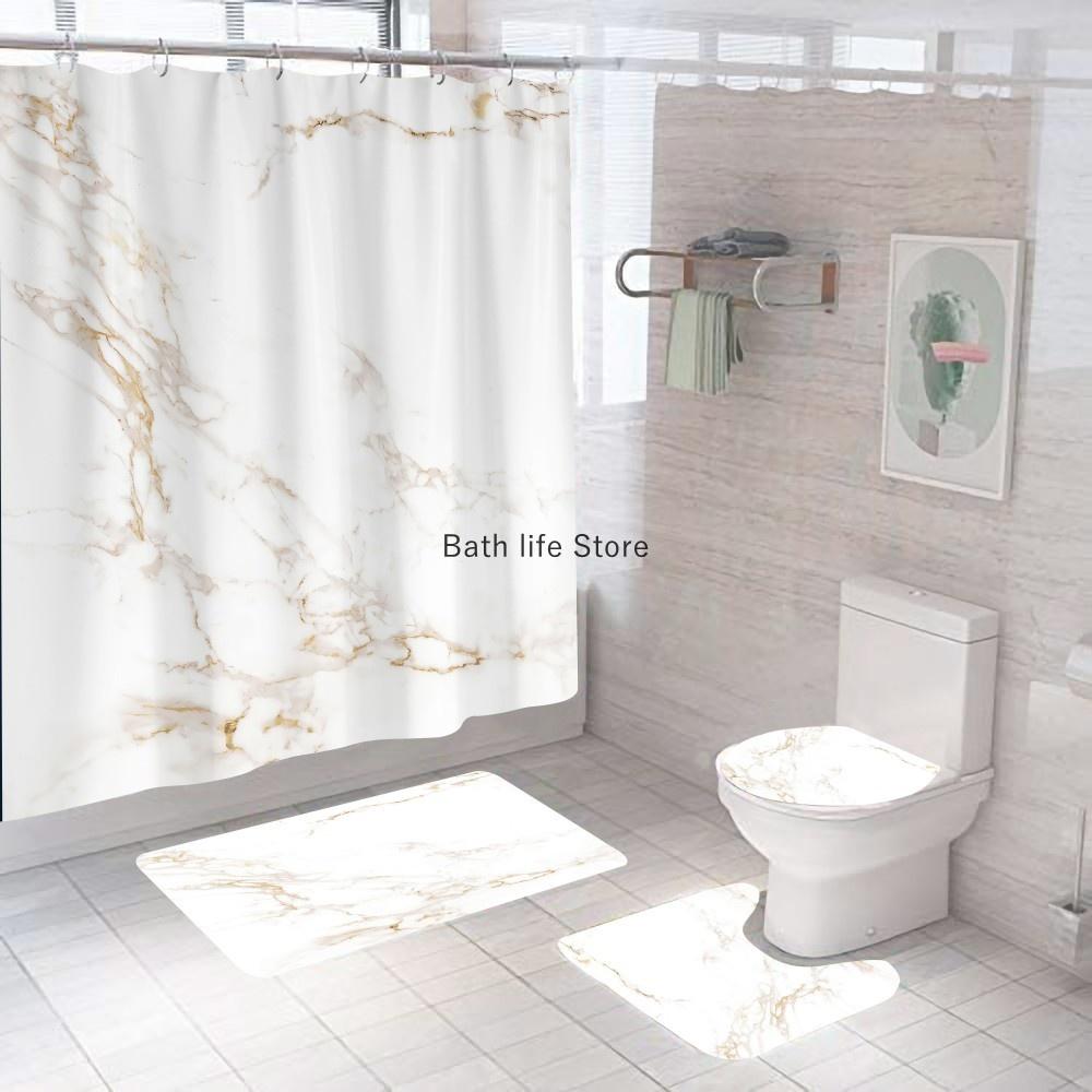 White Marble Shower Curtain Luxury Golden Modern With Non Slip Rug Mat Bathroom Curtain Waterproof Polyester Home Decor 180x180