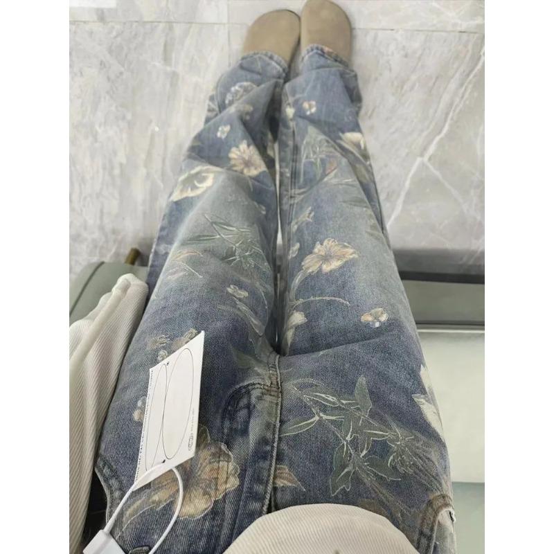 Floral Printed Wide Leg Female's Jeans American Retro High Waisted Trousers Fashionable Versatile Multi Pockets Bottoms