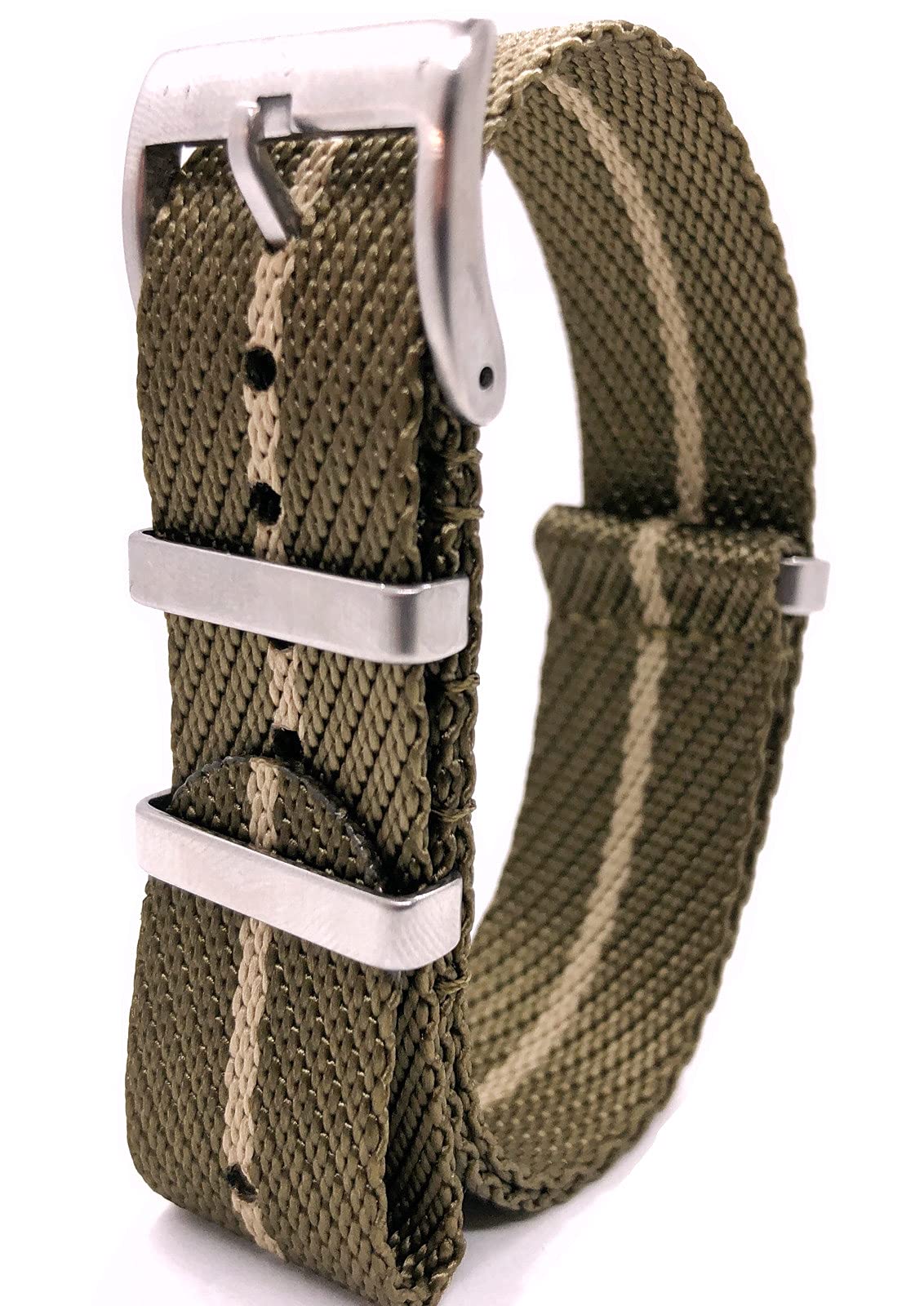 

European NATO Strap 18mm 20mm Watch Band (Khaki with Beige Stripes, 18mm)