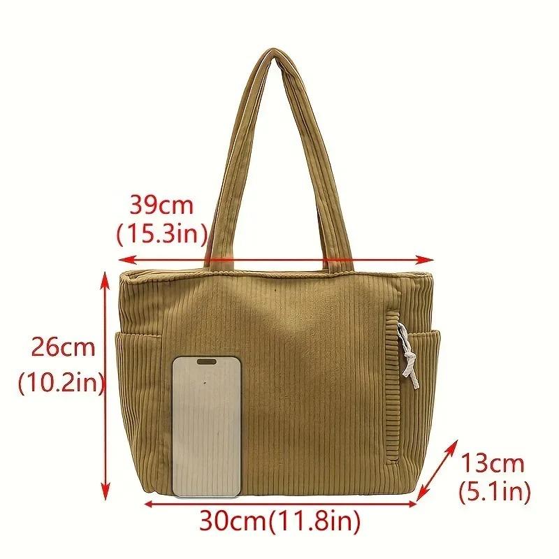 Casual Corduroy Handbag with Zipper Closure Lightweight Large Capacity Shoulder Strap Solid Color Daily Tote Bag for Women