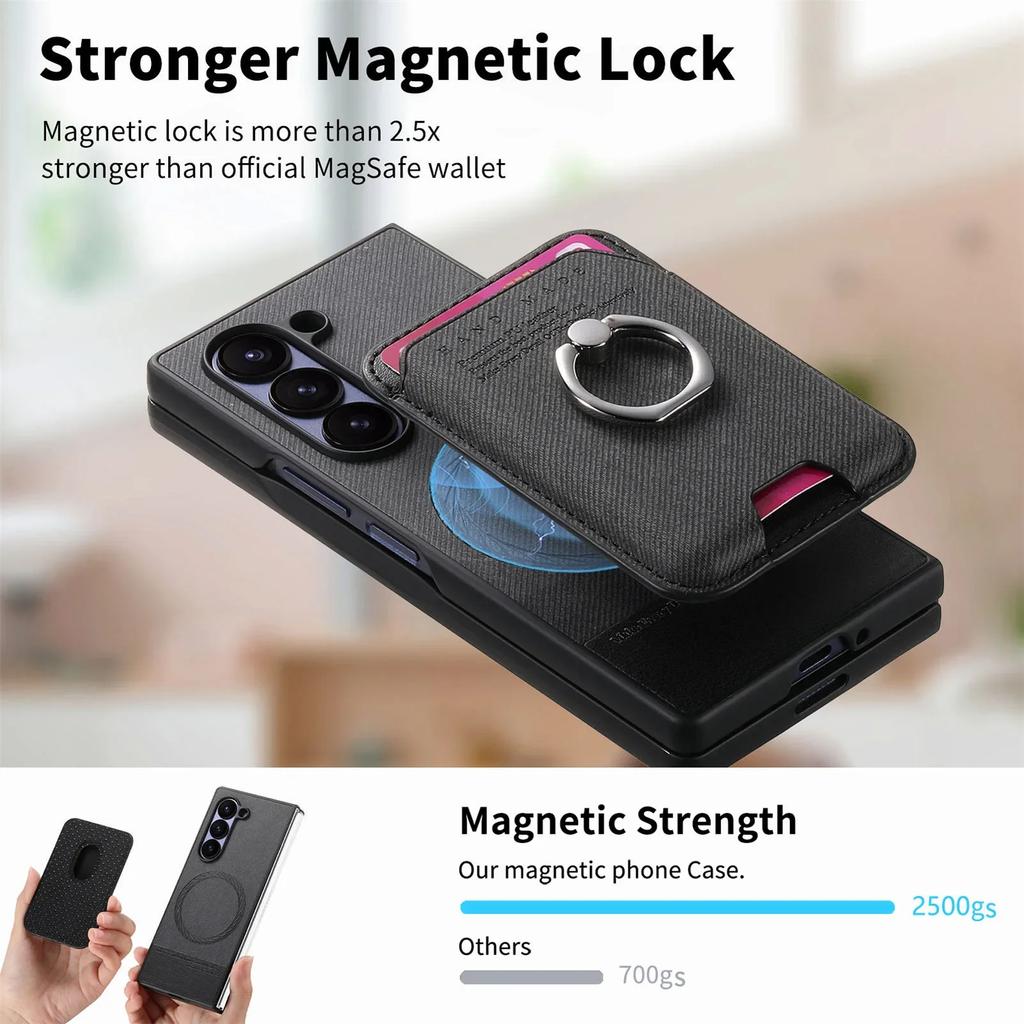 Magnetic Leather Wallet Phone Case with Card Holder Ring for Samsung Galaxy Z Fold 7 6 5 4 3 Fold7 Fold6 5G Detachable Cover