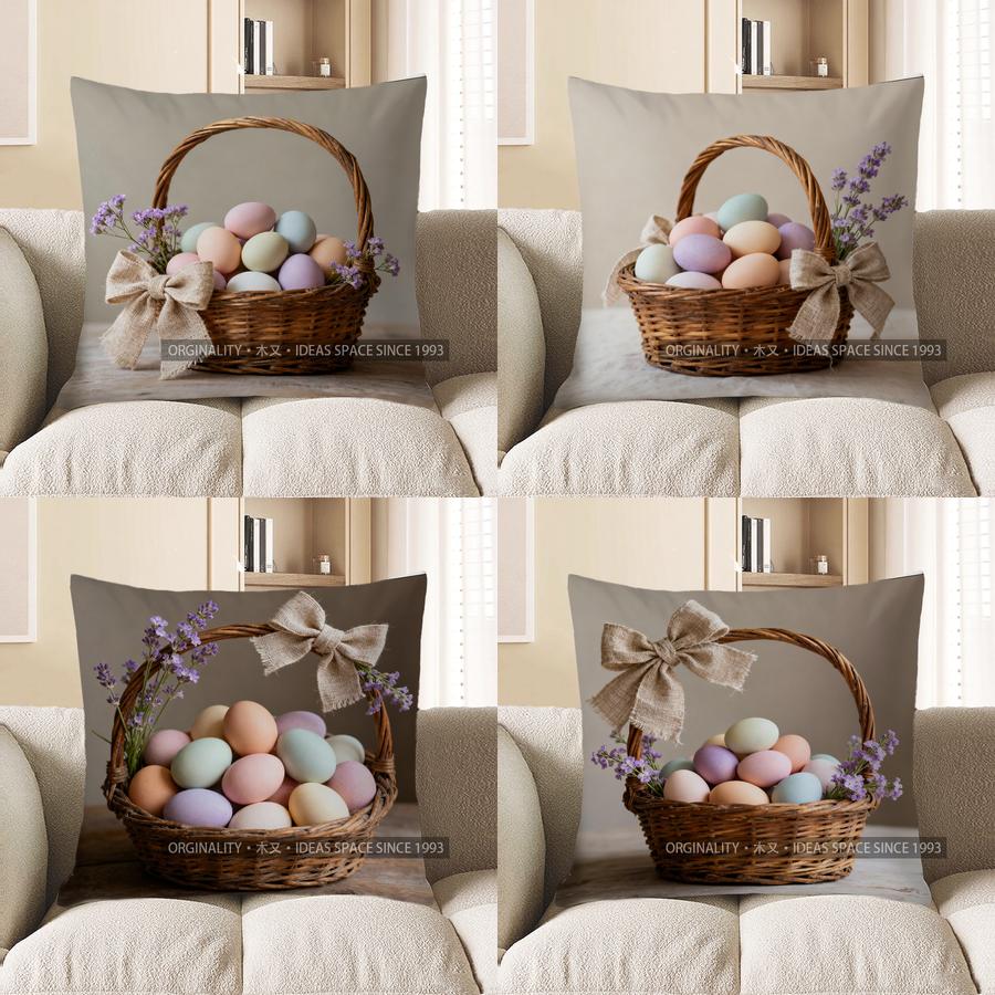 D Colorful Eggs Basket With Purple Flowers Pillow Cover Pattern Cushion Cover Suitable For Sofa Bedroom Car Pillow Cover