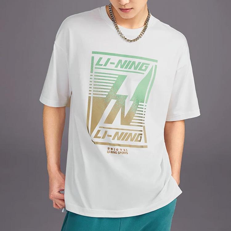 Li Ning Pattern Printed Loose Round Neck Short Sleeve T-Shirt Men Tops White AHSS127-1