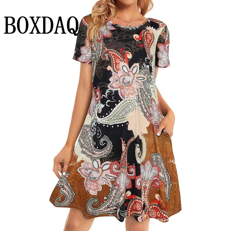 

Летнее повседневное платье женское модное свободное платье с круглым вырезом и принтом в стиле ретро с цветами элегантное платье для отпуска с коротким рукавом А-силуэта женское M
