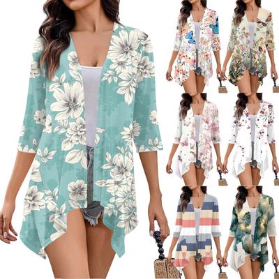 Damen-Cardigan mit unregelmäßigem Dreiviertelärmeln und Druck und Taschenjacke