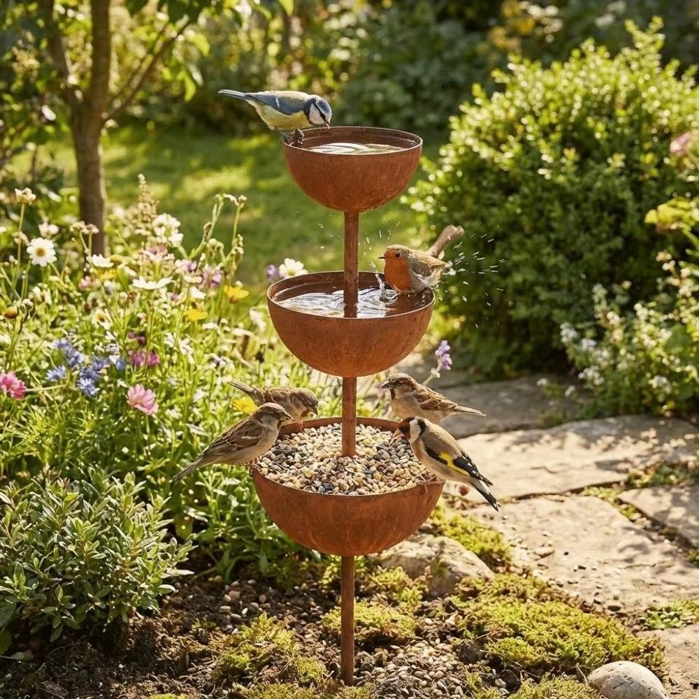 Plant Support Bird Water Feeder Rainwater Collector Metal Garden Stake Yard Ornament  Outdoor