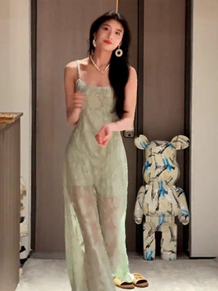 French Mint Green Suspender Dress Women's Summer New Wear Seaside Vacation Style Waist Dress