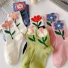 5pairs Socks Korean Japanese Style Cartoon Green Flower Harajuku Cute Kawaii Mid Tube Socks Breathable Casual Short Cotton Socks