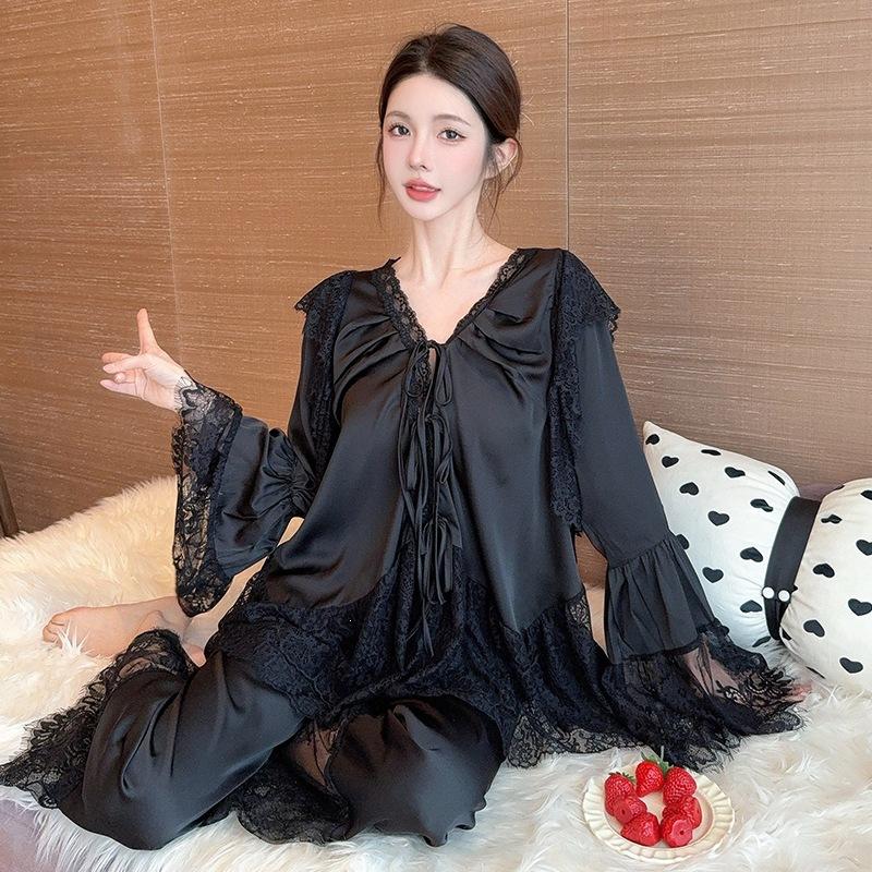 New ice silk pajamas women's spring and summer high-end French court style lace splicing set, thin long-sleeved loungewear