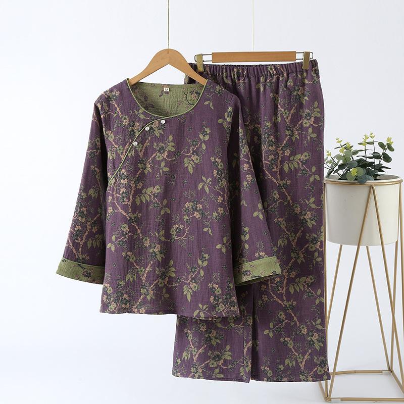 Kinesisk Stil Damepyjamas, Ren Bomuld, Retro Farve, Vævet Jacquard, Hjemmetøj, Langærmet Bukser, Diagonal Krave