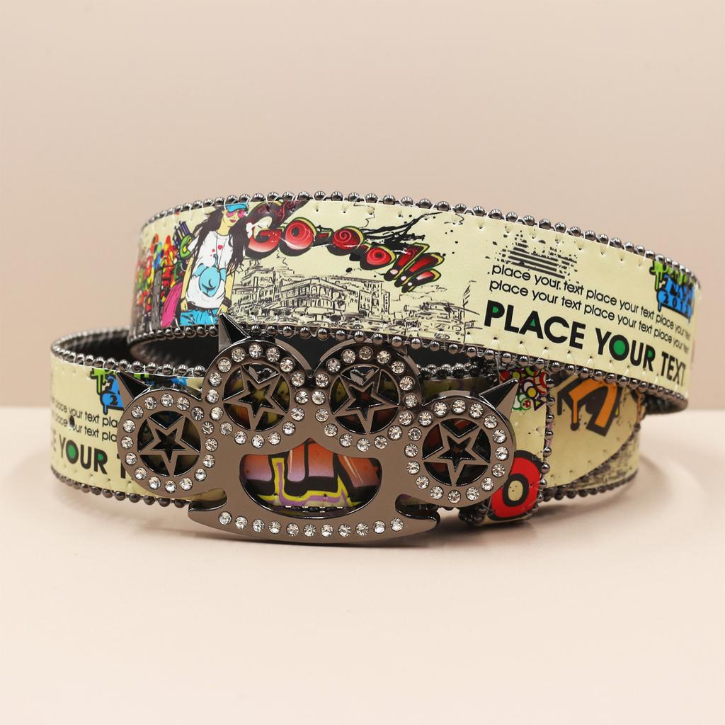 Tiger Claw Rhinestone Buckle Head Smooth Buckle Printed Graffiti Casual Personalized Belt Belt European and American Versatile