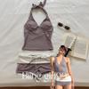 Costum de baie cu blocuri de culoare și carouri, cu gât legat și crăpătură, set din două piese, subțiază și ascunde imperfecțiunile, stil de vacanță