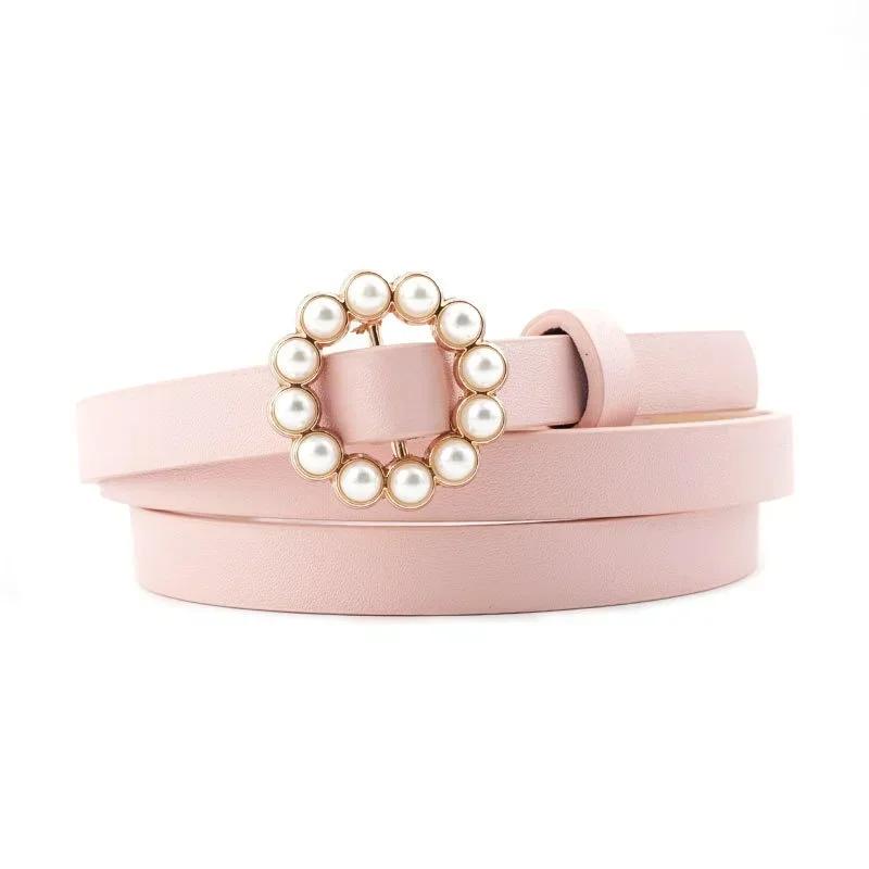 New Korean Fashion Versatile Women's Smooth Buckle Belt with Round Inlaid Decoration Pearl Belt Women's Clothing Accessories