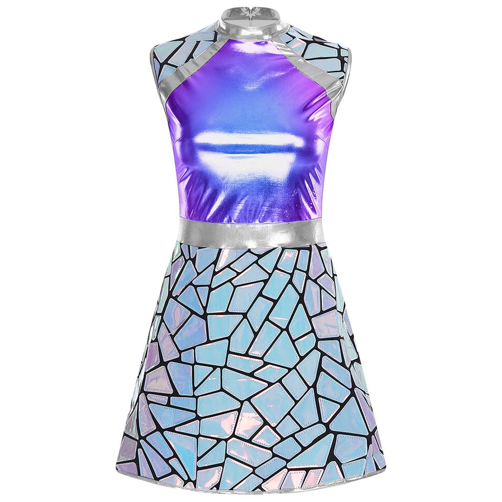 Womens Halloween Alien Astronaut Costume Gradient Sequin Metallic Shiny A-Line Dress