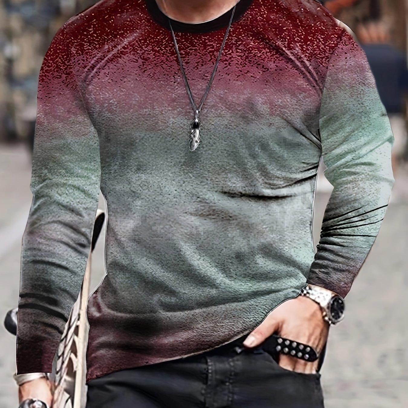 ETST 007 Heren 3D-geprint gradiënt T-shirt met lange mouwen Lente- en herfstmode Casual Retro-stijl Oversized ronde hals T-shirts Tops L