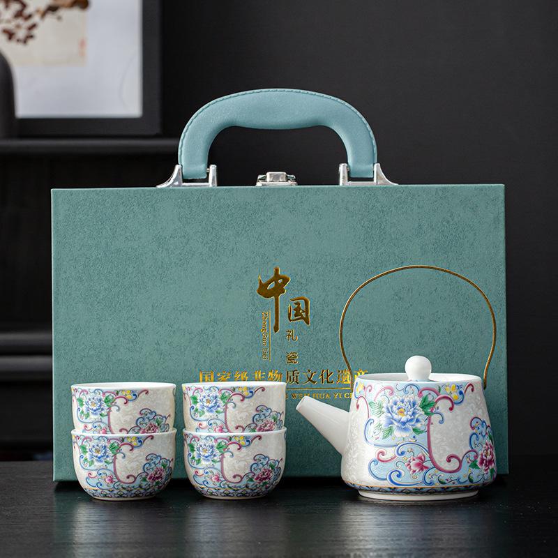 White porcelain enamel color kung fu tea set, turn cover bowl, fair cup, tea cup, full set of business souvenir box
