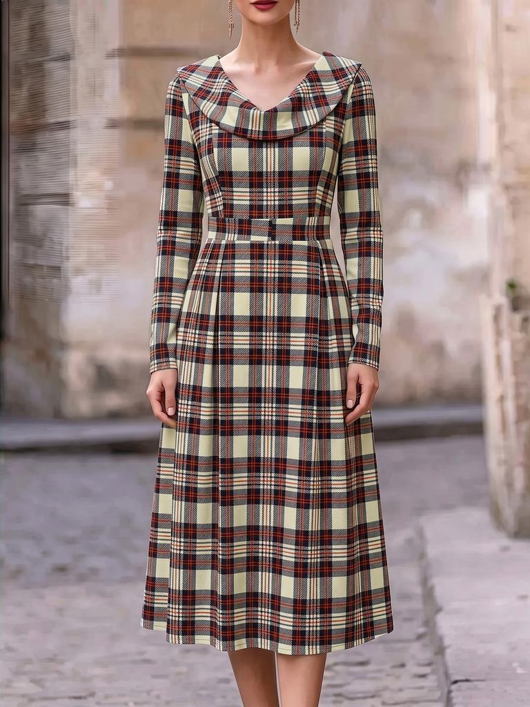 Autumn and Winter European and American New Women's Clothing Plaid Long Dress Printed Women's Clothing Dress Women