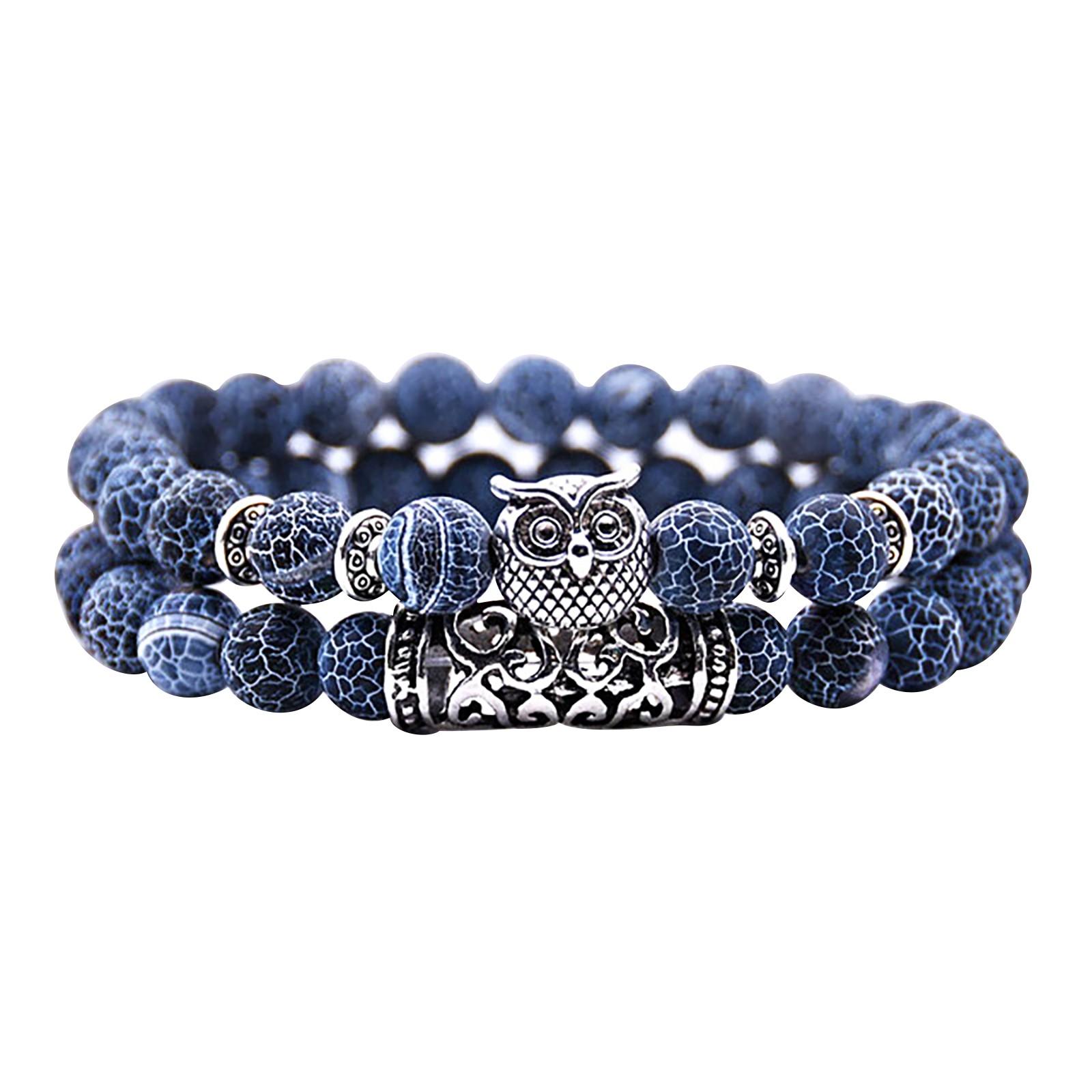 Эластичный комбинированный браслет из вулканического камня с микроинкрустацией из натурального камня в виде совы синий