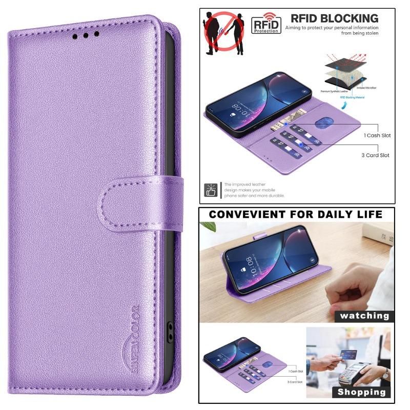 Rfid Small Lychee Pattern Leather Phone Case With Card Holder Stand For Apple Iphone