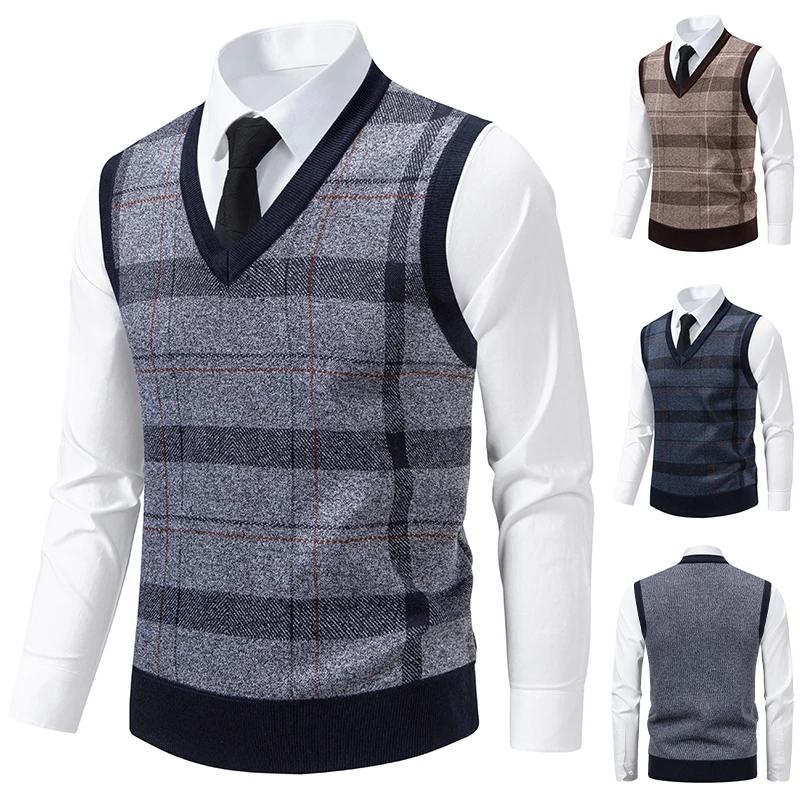 Men's V-neck Knitted Sweater Warm Autumn Winter Diamond Grid Twisted Flower Casual Fashion Versatile Knit Top