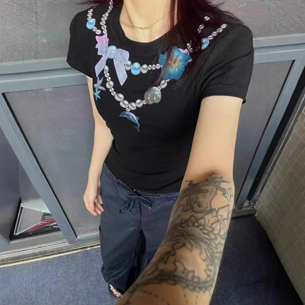 American Spice Girl Shoulder Short Sleeve Women's Summer Necklace Printed White Cotton T-Shirt Slim Skinny Short Top Trend
