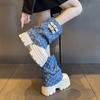 10CM Autumn Winter Chunky Short Boots Women Canvas High Heels Mid Calf Leather Sneakers Trend Buckle Motorcycle Boots Snow Shoes