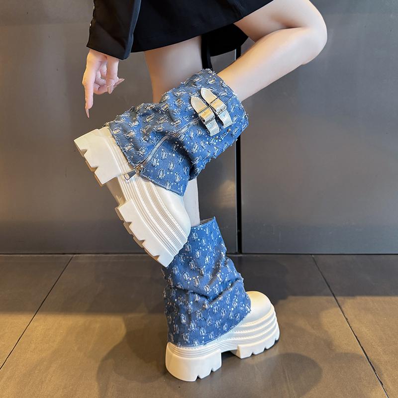 10CM Autumn Winter Chunky Short Boots Women Canvas High Heels Mid Calf Leather Sneakers Trend Buckle Motorcycle Boots Snow Shoes