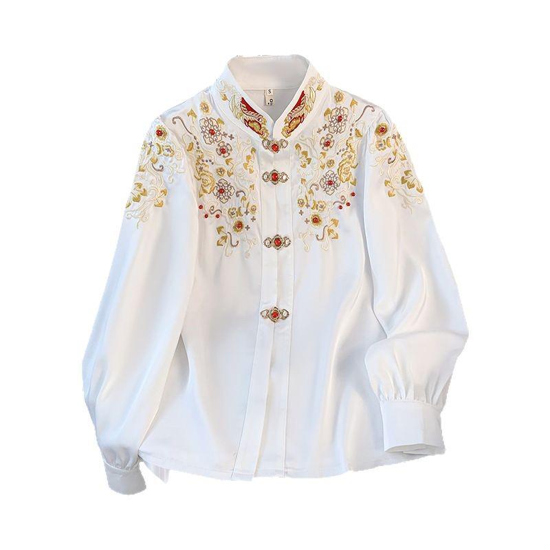 Authentic New Chinese Style Stand Collar Embroidered Shirt with Frog Buttons & Horse Face Skirt - Long Sleeve National Style Top